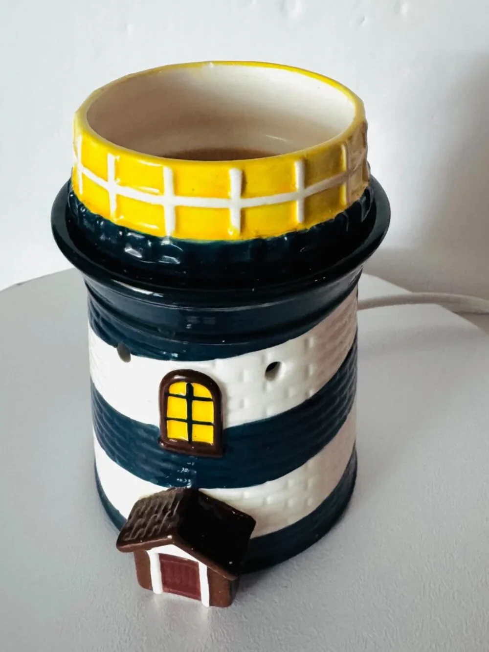 Retired Scentsy Nautical Lighthouse Blue White Ceramic Wax Warmer  TESTED